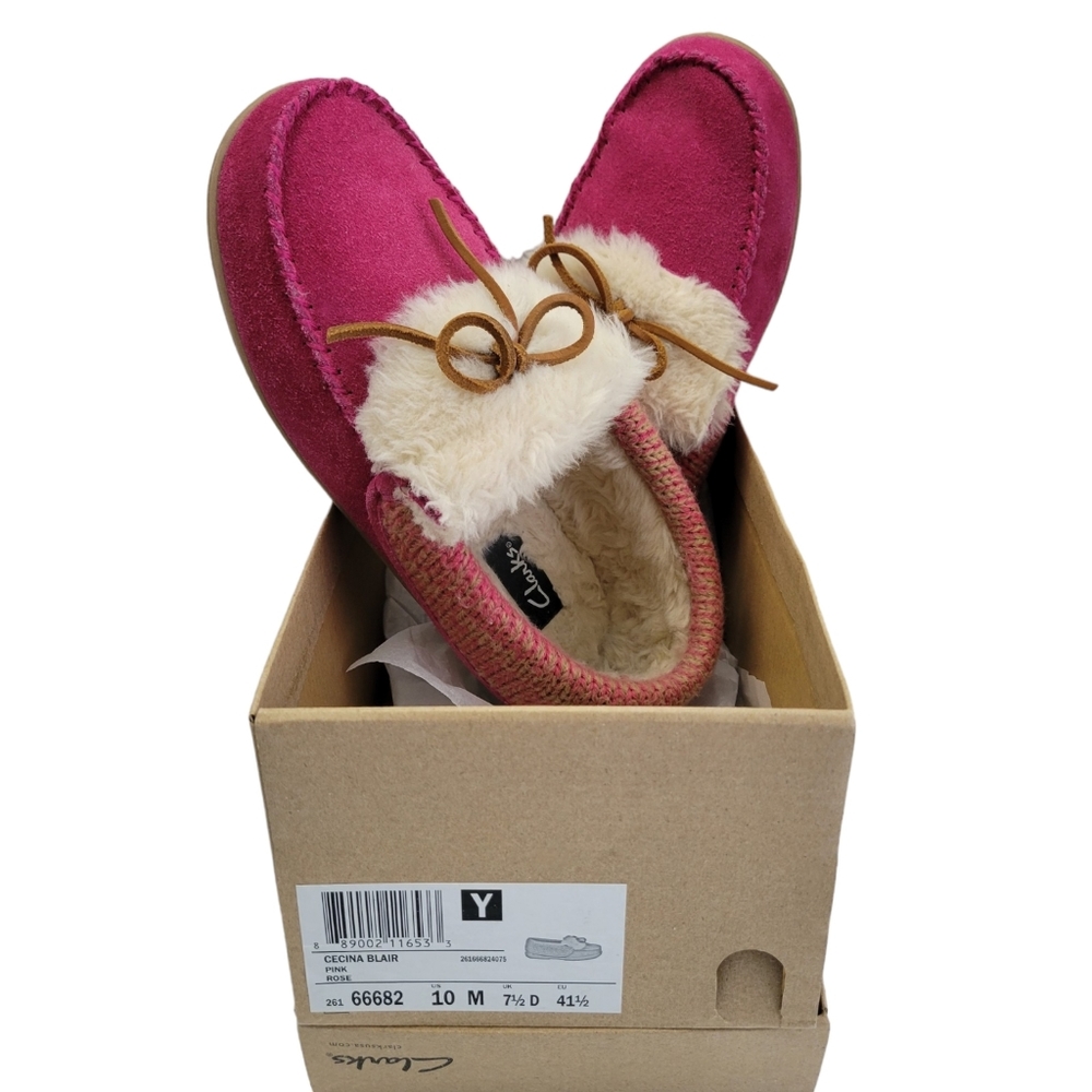 Clarks Womans Moccasin Slippers Indoor Outdoor Suede Bowknot Pink Rose 10M W Box